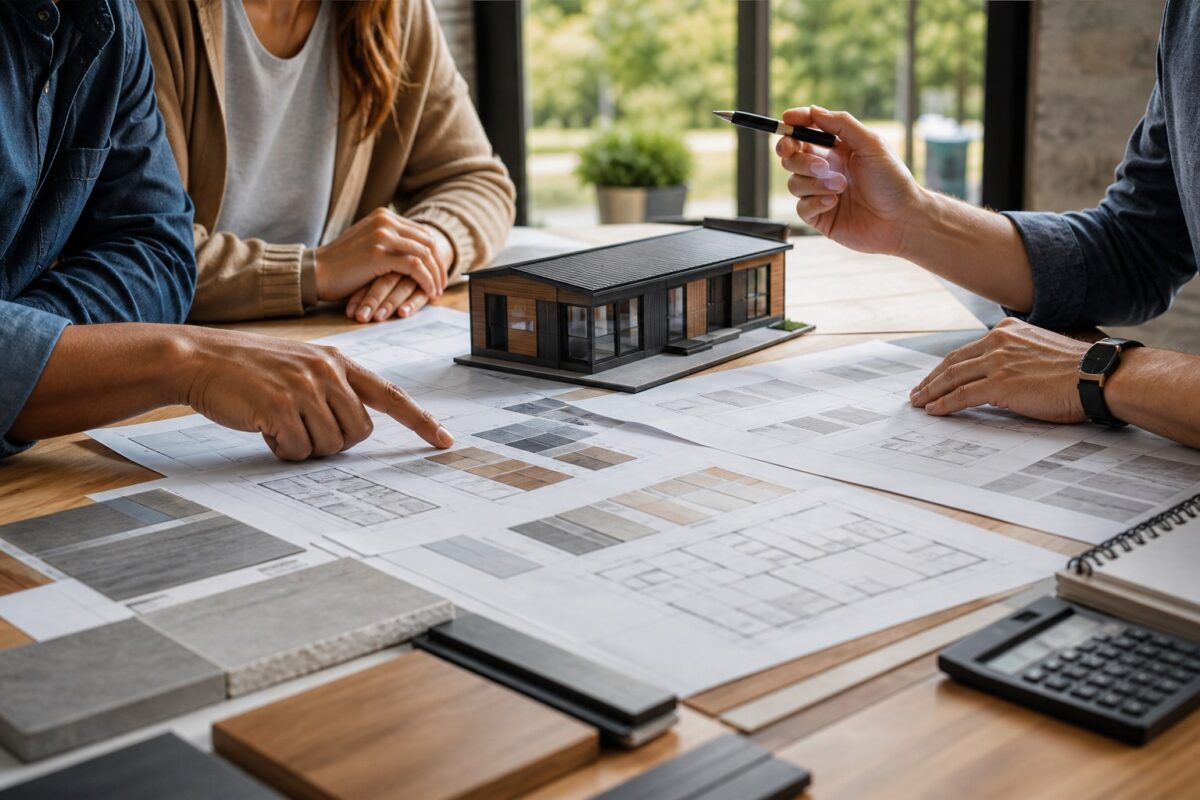 Buyers and an advisor comparing plans, finish samples, and a modular home model