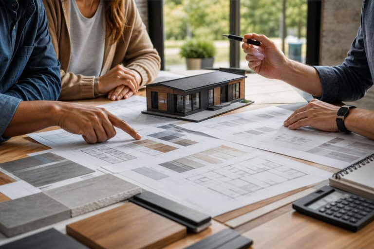Buyers and an advisor comparing plans, finish samples, and a modular home model