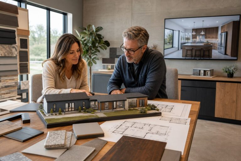 Homeowner and designer reviewing a custom modular home model, plans, and finish samples