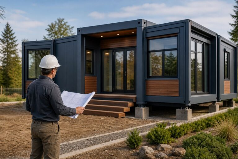Engineer reviewing a purpose-built expandable steel home on foundation supports