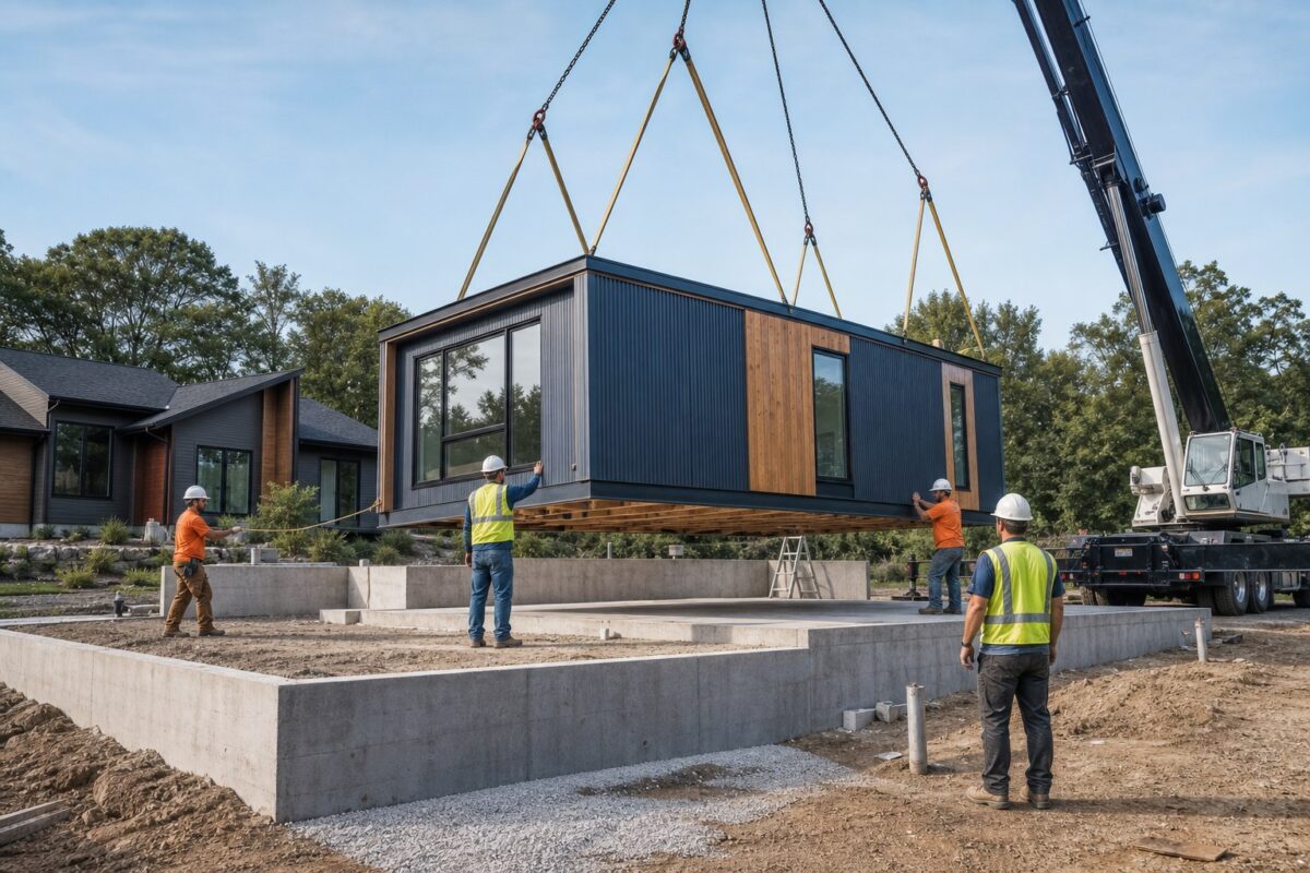 Crew guiding a crane-set home section onto a prepared concrete foundation