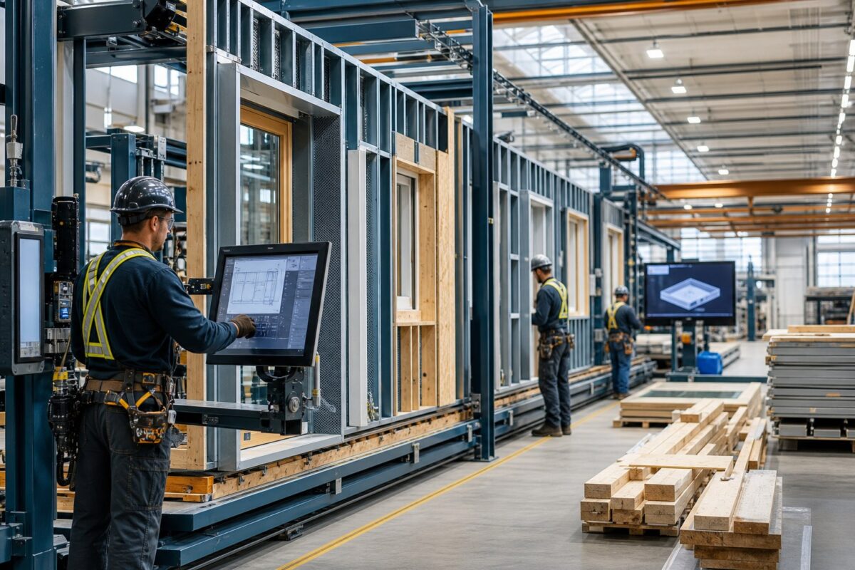 Workers coordinating a steel-frame wall production line in an off-site facility