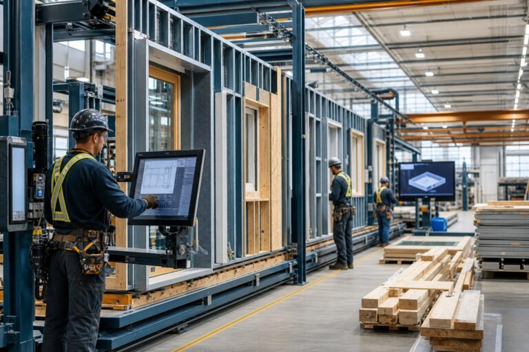Workers coordinating a steel-frame wall production line in an off-site facility