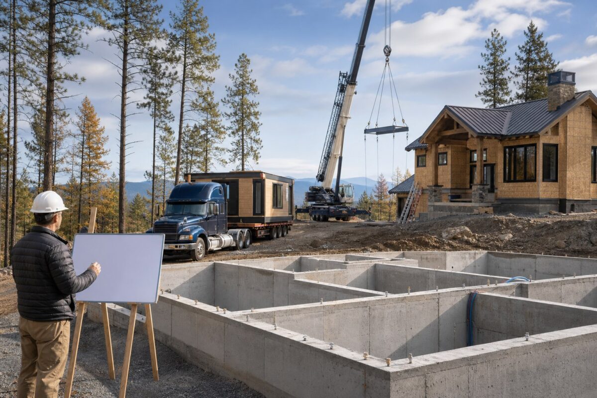 Coordinated foundation, delivery, crane, and enclosure stages on a modular home site