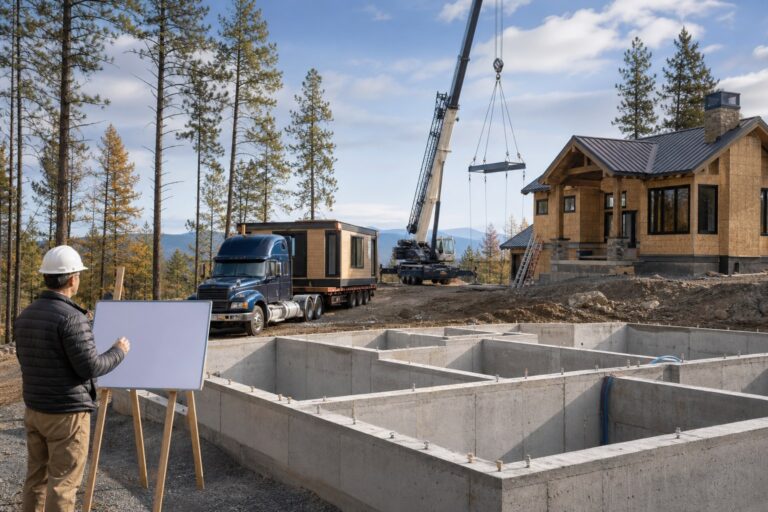 Coordinated foundation, delivery, crane, and enclosure stages on a modular home site