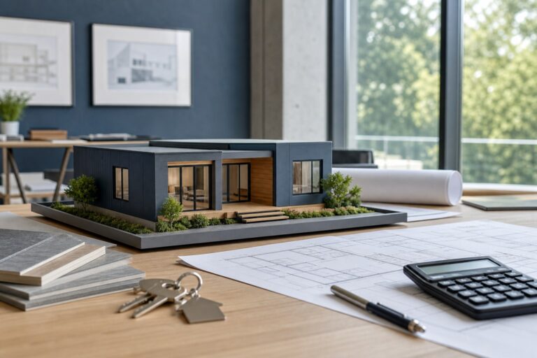 Modular home model with plans, calculator, keys, and finish samples