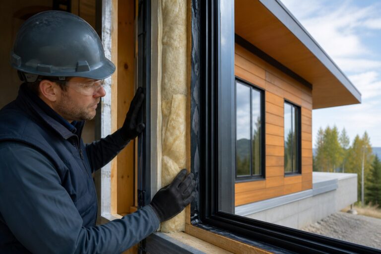 Building specialist inspecting insulation and air sealing at a modular home window