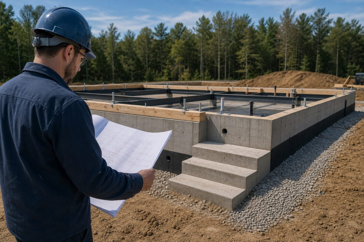 Engineer reviewing a concrete crawl-space foundation with anchors and utility details