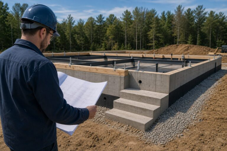 Engineer reviewing a concrete crawl-space foundation with anchors and utility details