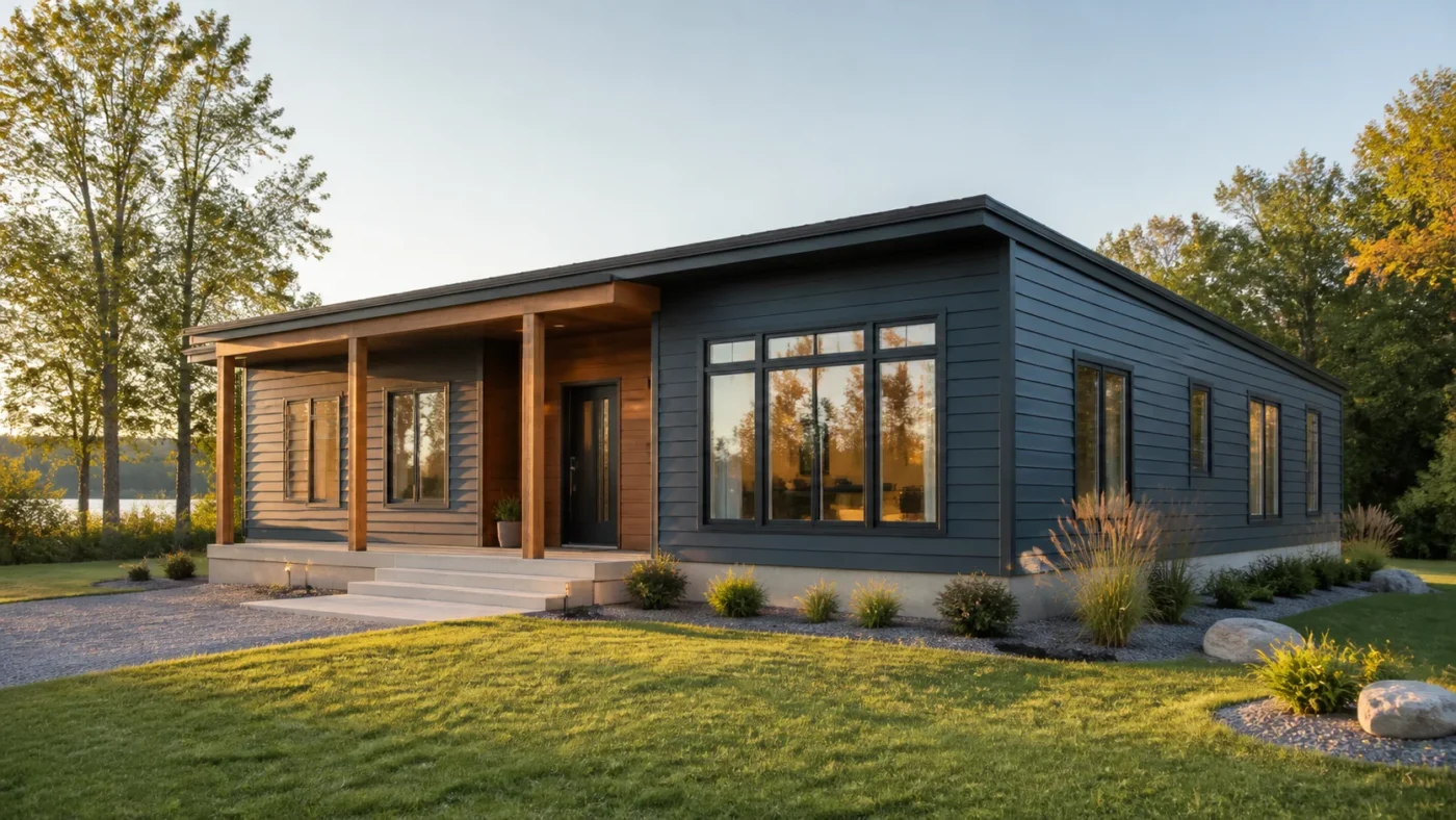 Modern steel-frame modular home on a prepared residential lot