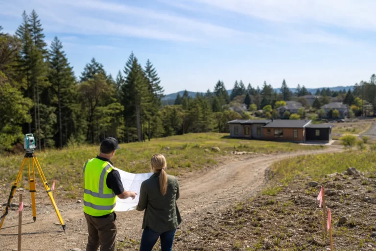 Surveyor and homebuyer reviewing a modular home parcel and site plan