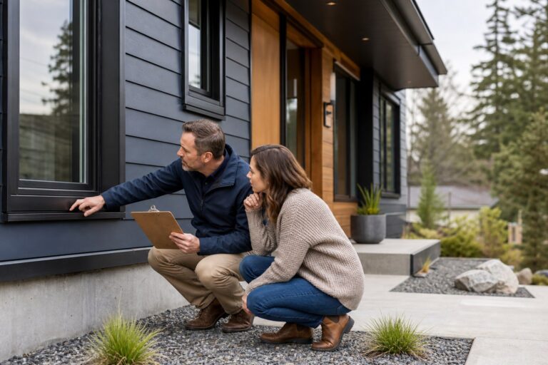 Home inspector checking window seals and exterior finishes on a modular home