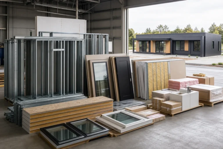 Steel framing, windows, panels, and fixtures organized as a modular home package