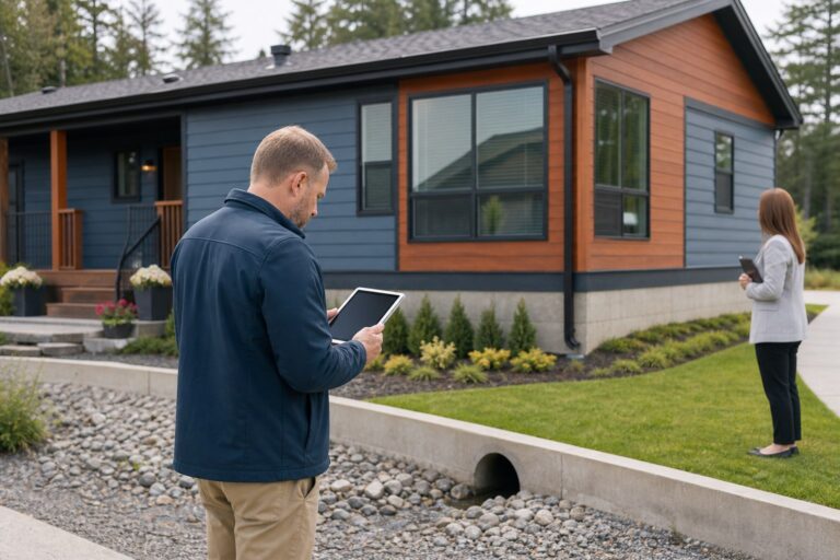 Appraiser inspecting a maintained modular home, permanent foundation, and site drainage