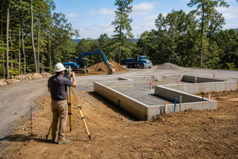 Surveyor checking a graded building pad, concrete foundation, utilities, and delivery access