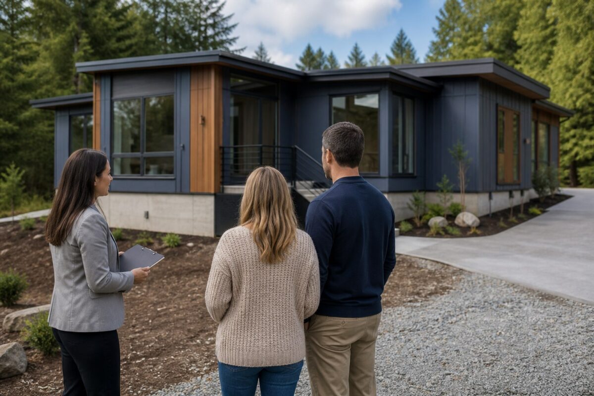 Buyers and a home advisor evaluating a modular home, permanent foundation, and site access