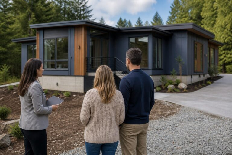 Buyers and a home advisor evaluating a modular home, permanent foundation, and site access