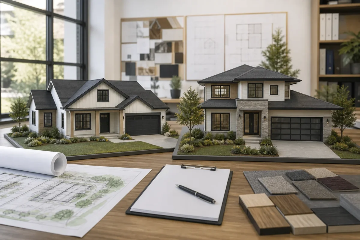 Two contemporary home models reviewed with plans and material samples