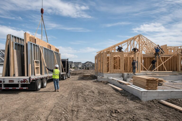 Prefab component delivery and conventional site-built framing shown side by side