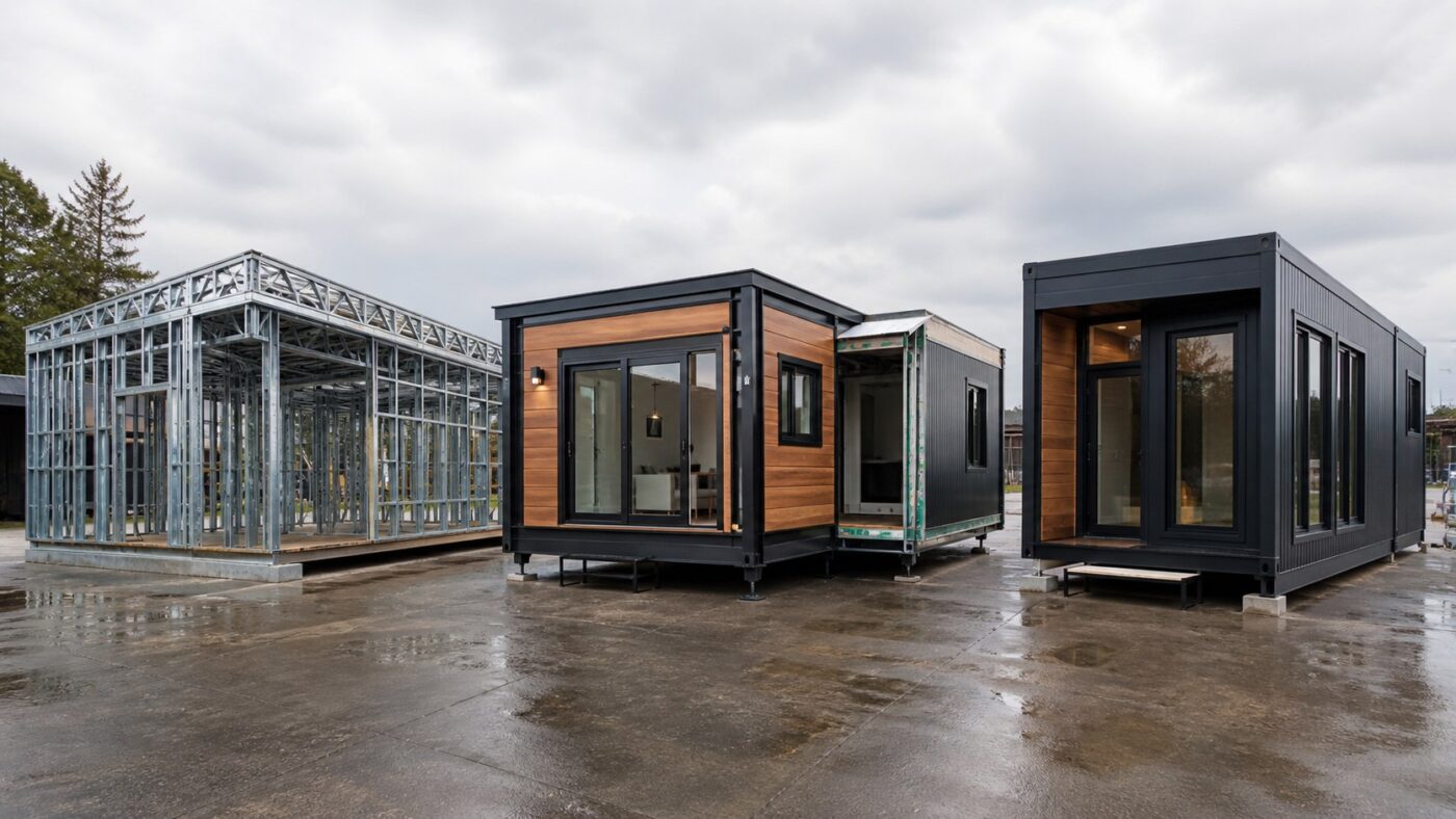 Three purpose-built steel home systems illustrating structural design differences